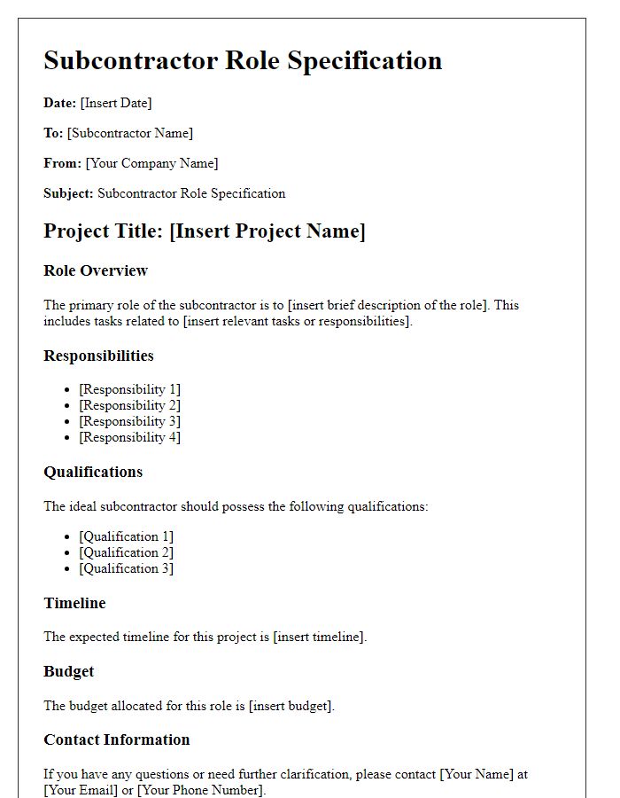 Letter template of Subcontractor Role Specification