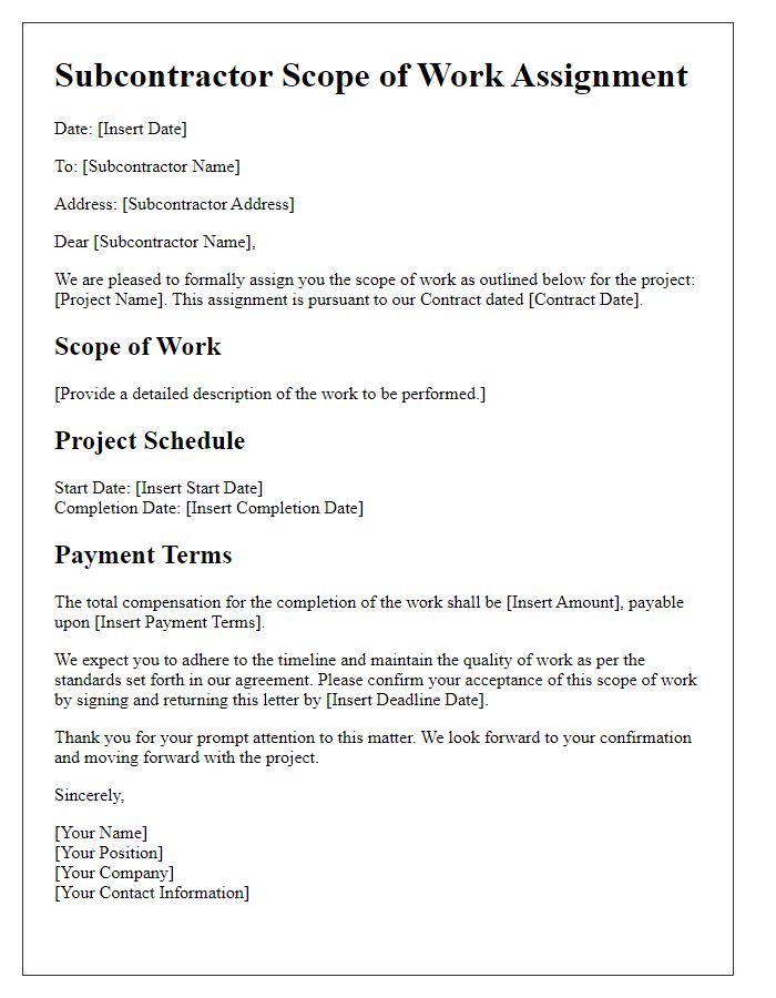 Letter template of Subcontractor Scope of Work Assignment