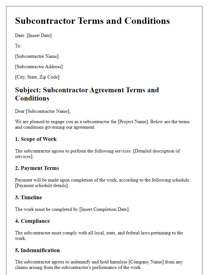 Letter template of Subcontractor Terms and Conditions