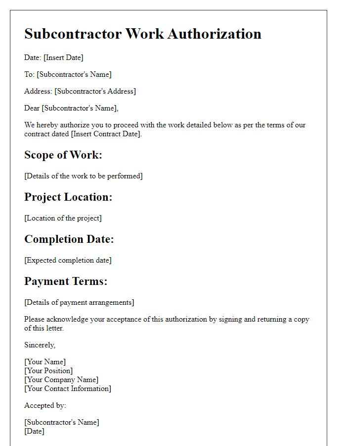 Letter template of Subcontractor Work Authorization