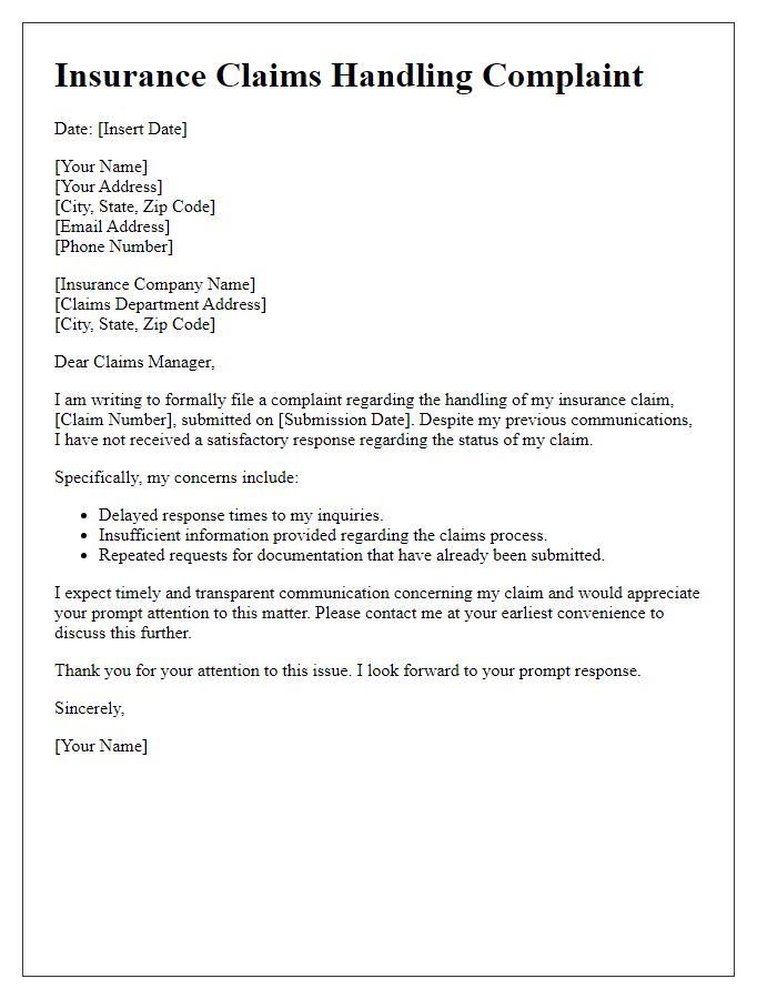 Letter template of insurance claims handling complaint