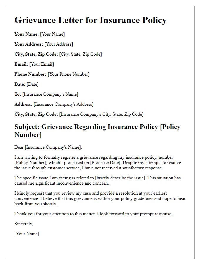 Letter template of insurance policy grievance