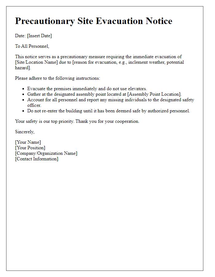 Letter template of precautionary site evacuation notice