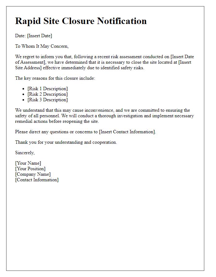 Letter template of rapid site closure due to risk assessment