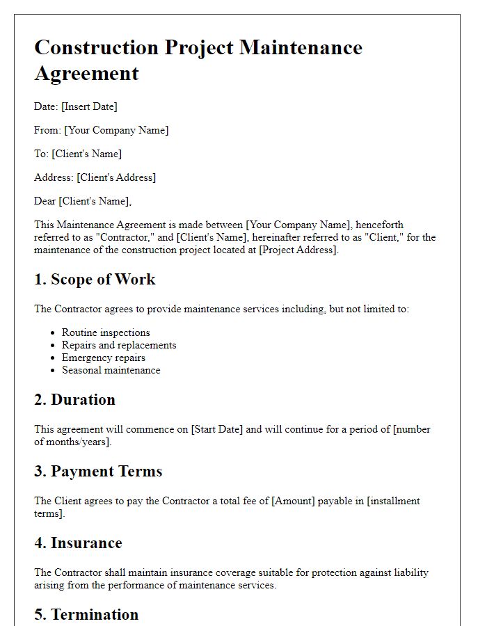 Letter template of construction project maintenance agreement