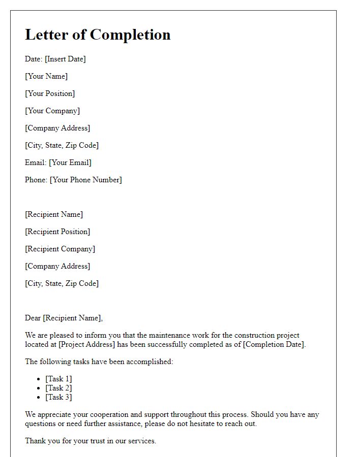 Letter template of construction project maintenance completion