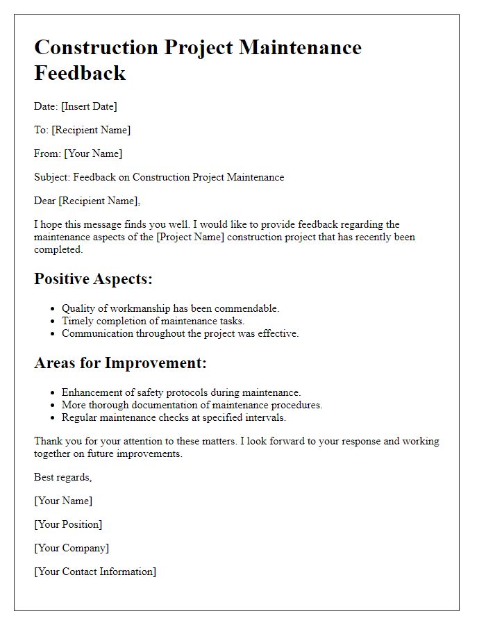 Letter template of construction project maintenance feedback