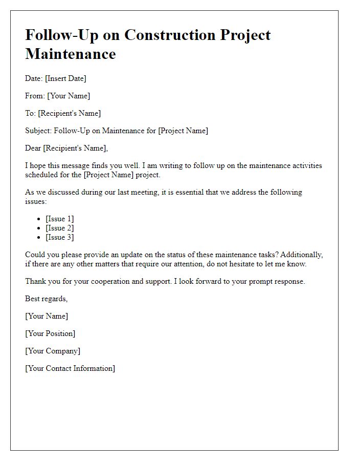 Letter template of construction project maintenance follow-up