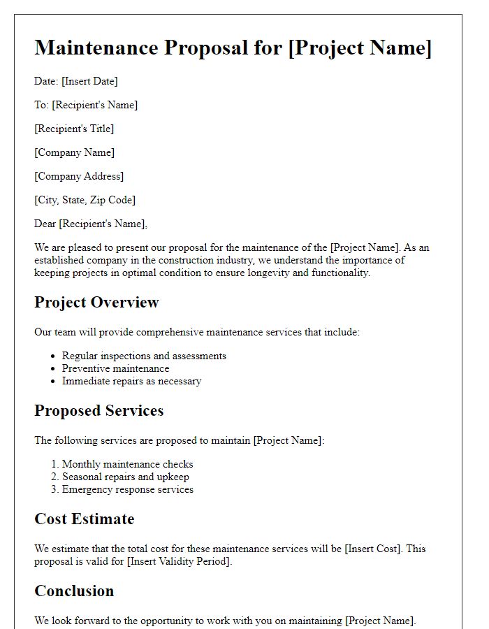 Letter template of construction project maintenance proposal