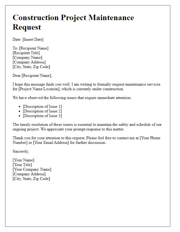 Letter template of construction project maintenance request