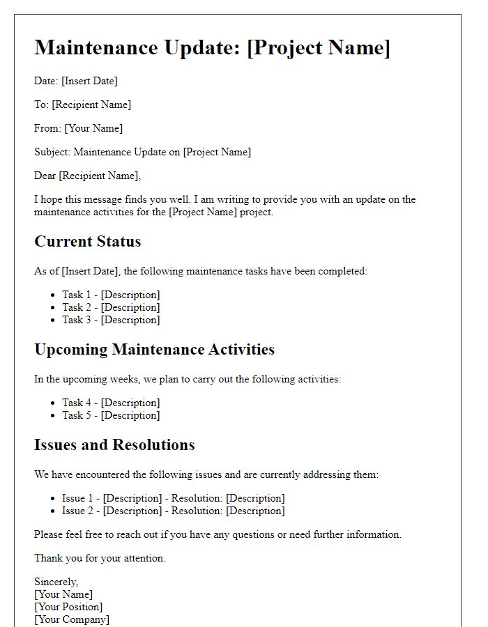 Letter template of construction project maintenance update