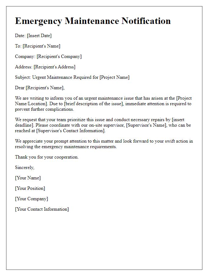 Letter template of emergency maintenance for construction project