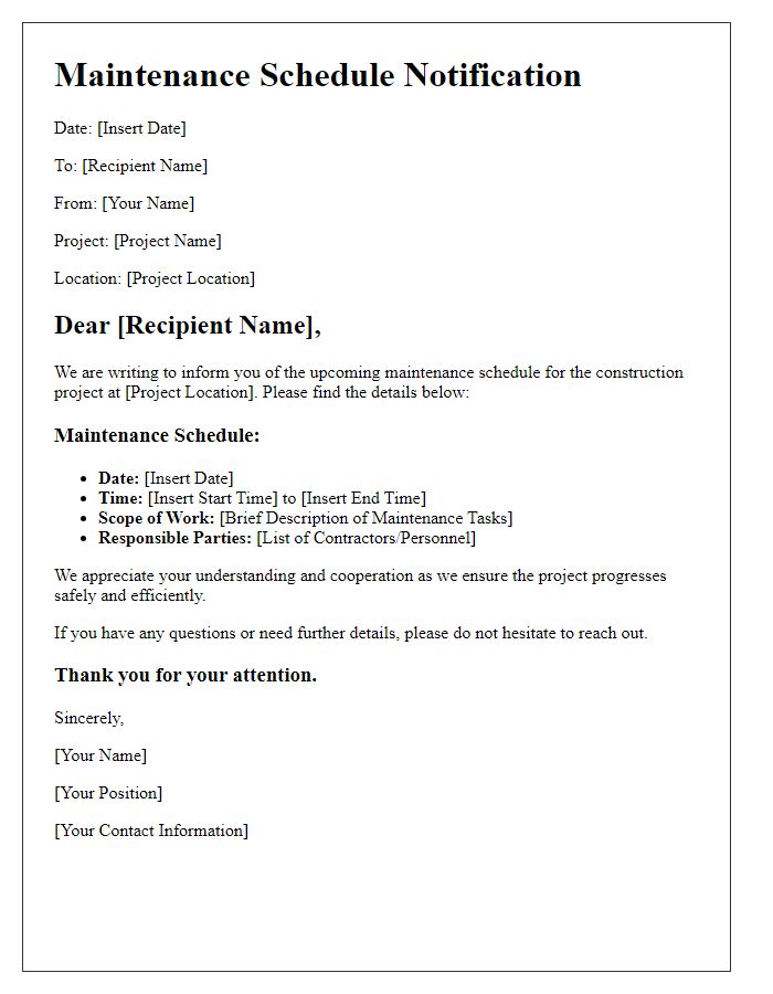 Letter template of maintenance schedule for construction project