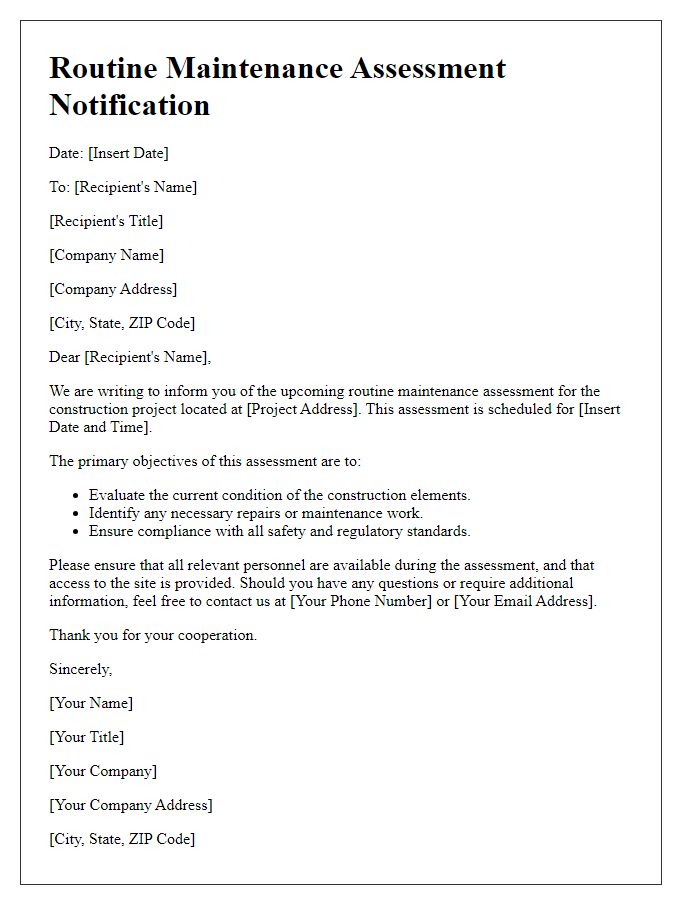 Letter template of routine maintenance assessment for construction project