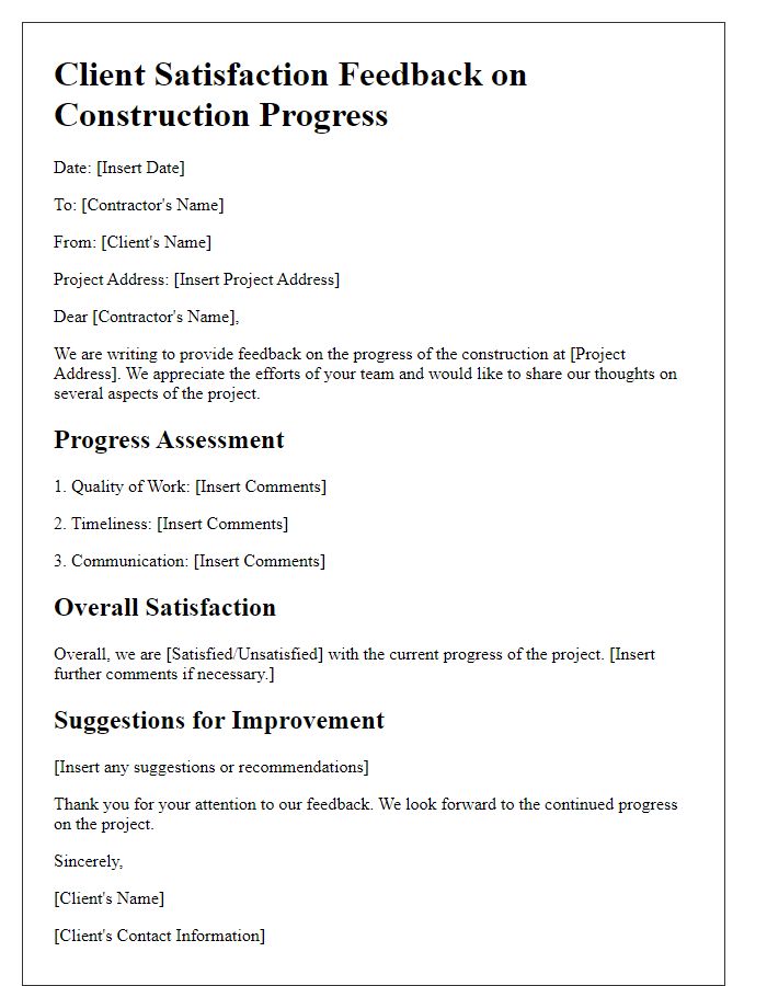 Letter template of client satisfaction feedback on construction progress