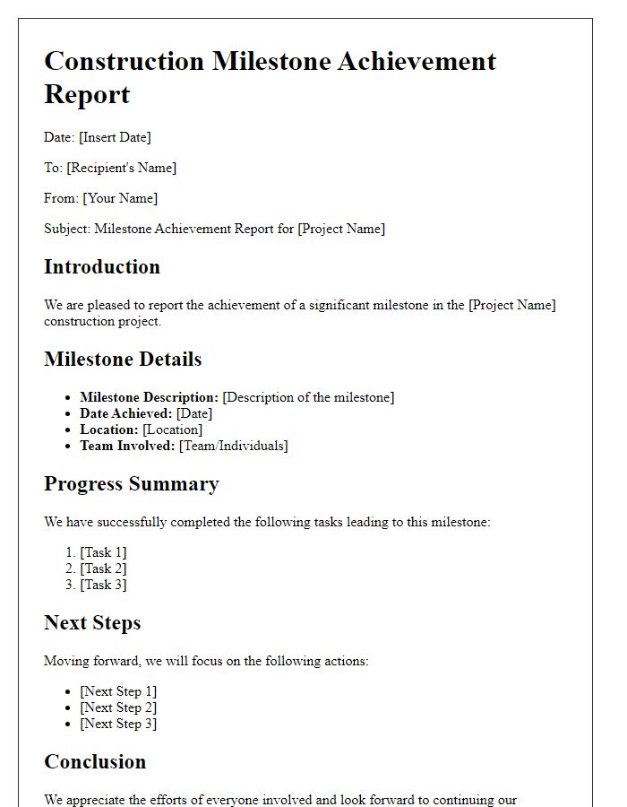 Letter template of construction milestone achievement report