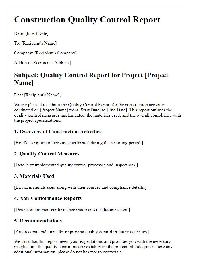 Letter template of construction quality control report