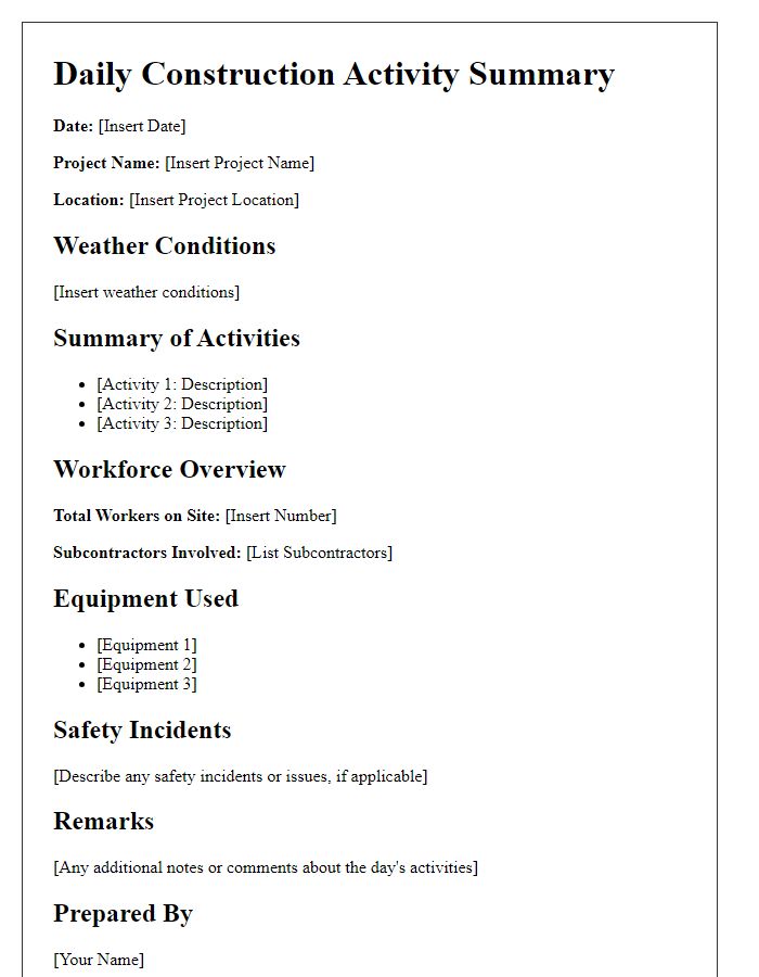 Letter template of daily construction activity summary