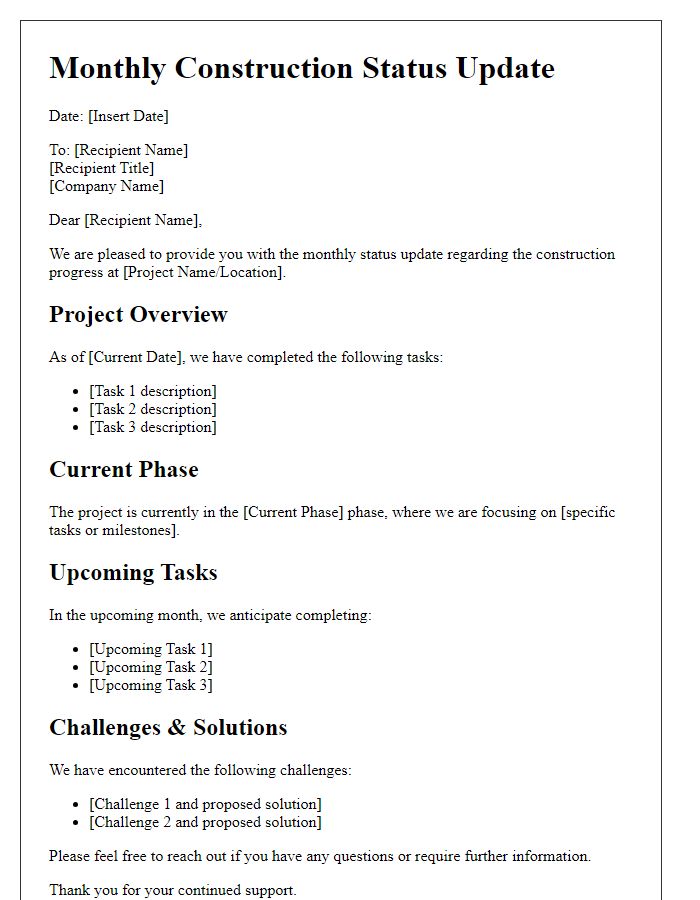 Letter template of monthly construction status update