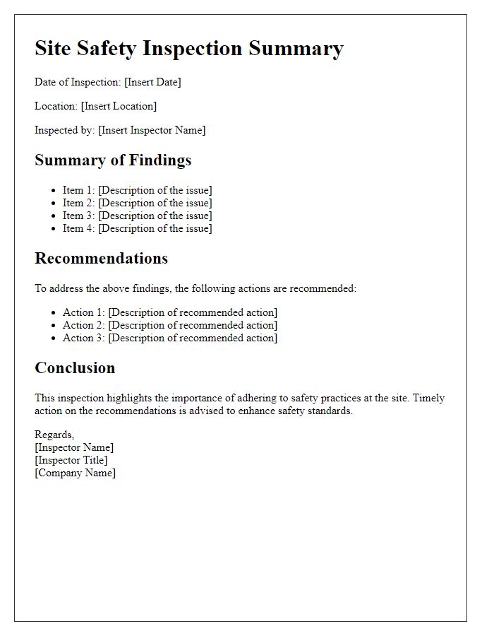 Letter template of site safety inspection summary