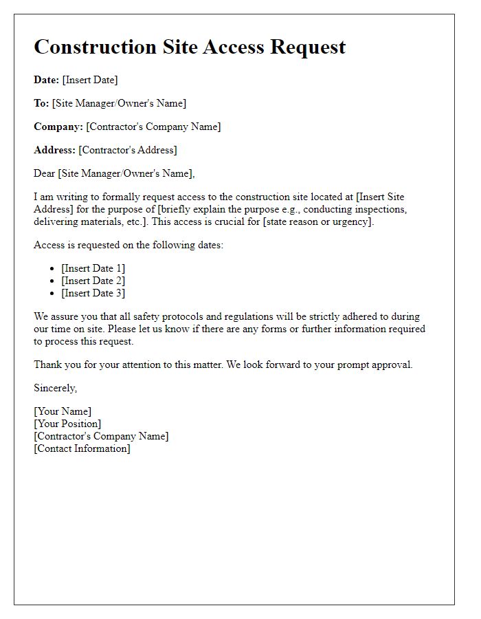 Letter template of construction site access request for contractors