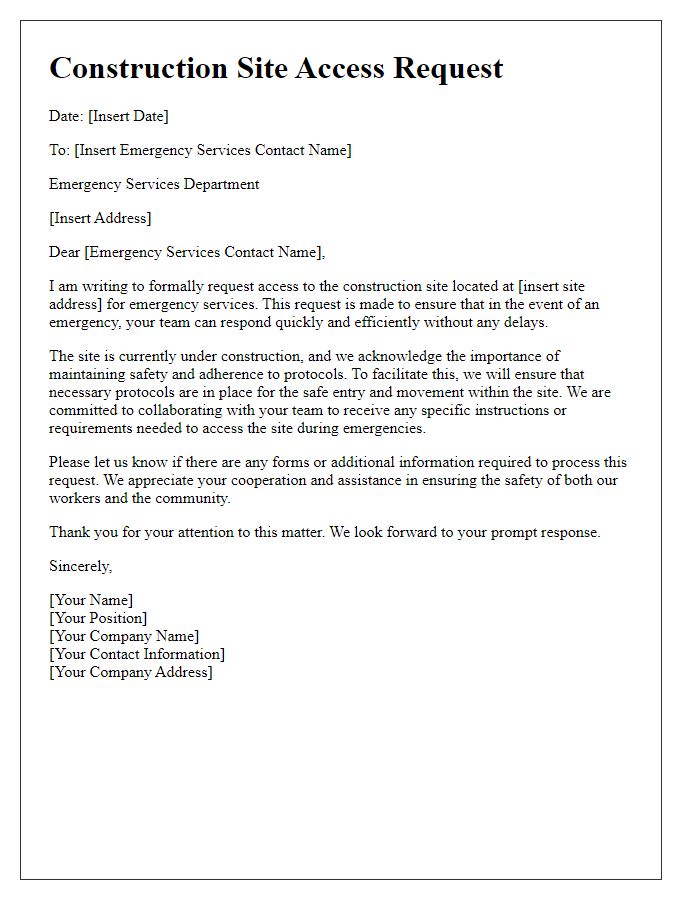 Letter template of construction site access request for emergency services