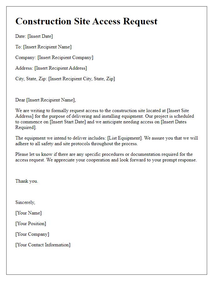 Letter template of construction site access request for equipment suppliers