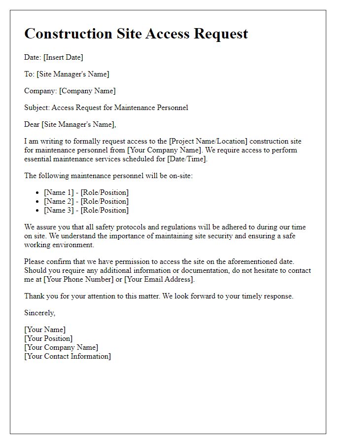 Letter template of construction site access request for maintenance personnel