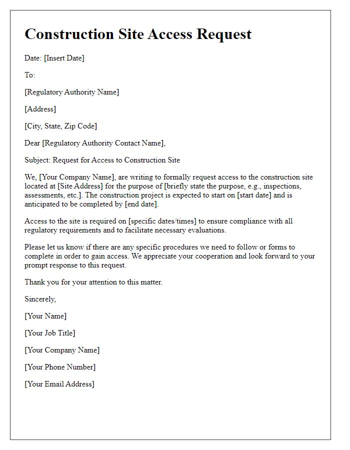 Letter template of construction site access request for regulatory authorities