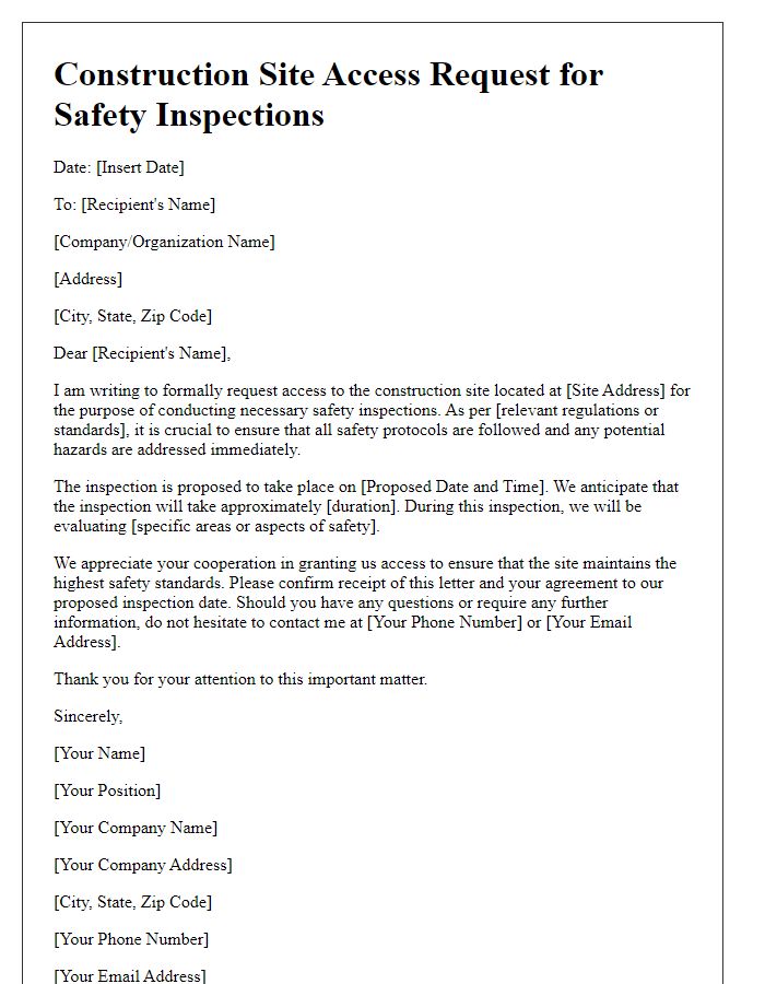 Letter template of construction site access request for safety inspections