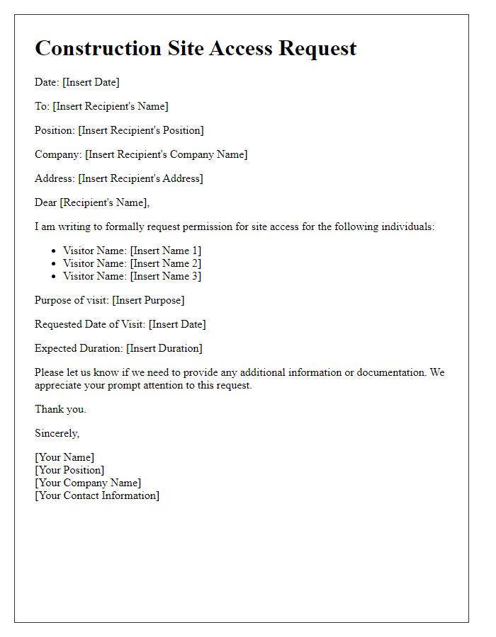 Letter template of construction site access request for site visitors