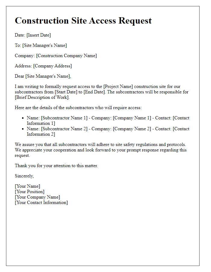 Letter template of construction site access request for subcontractors