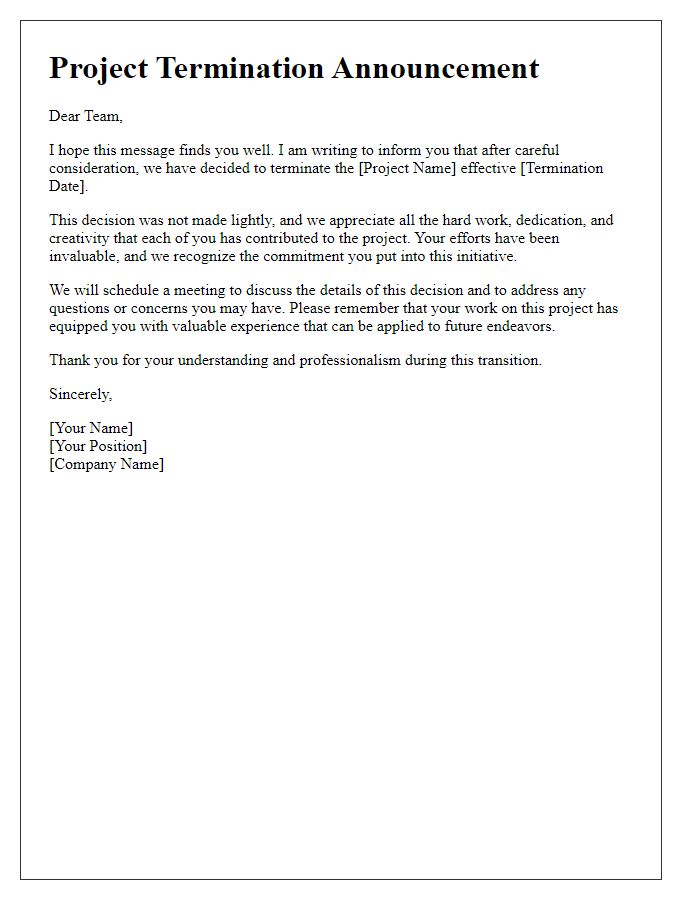 Letter template of project termination announcement to team members.