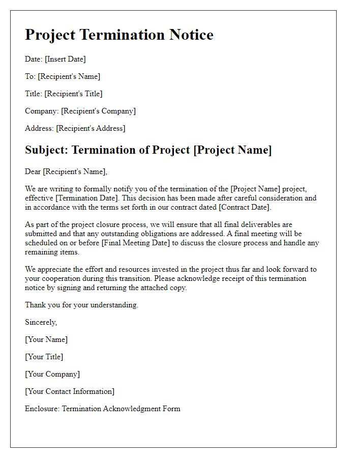 Letter template of project termination documentation for compliance.