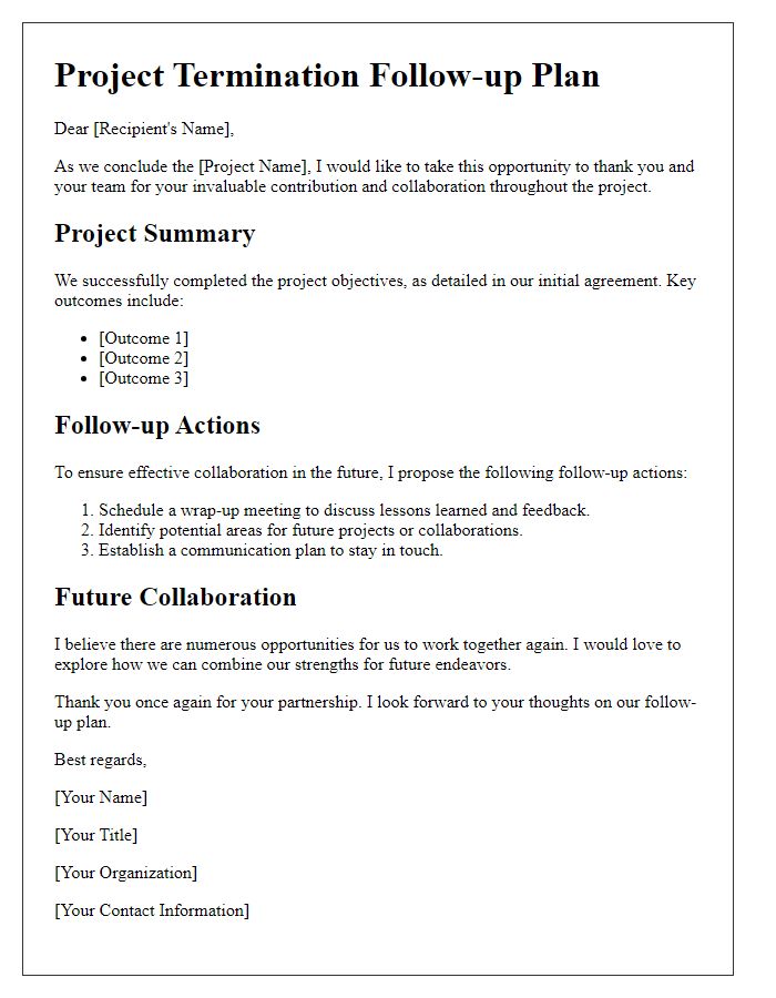 Letter template of project termination follow-up plan for future collaboration.