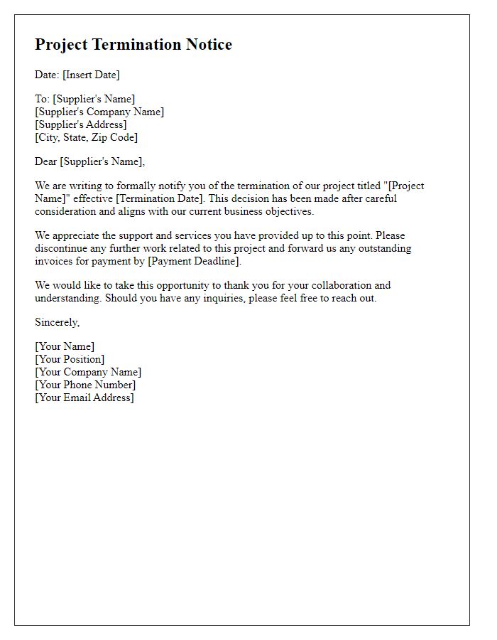 Letter template of project termination formal letter to suppliers.