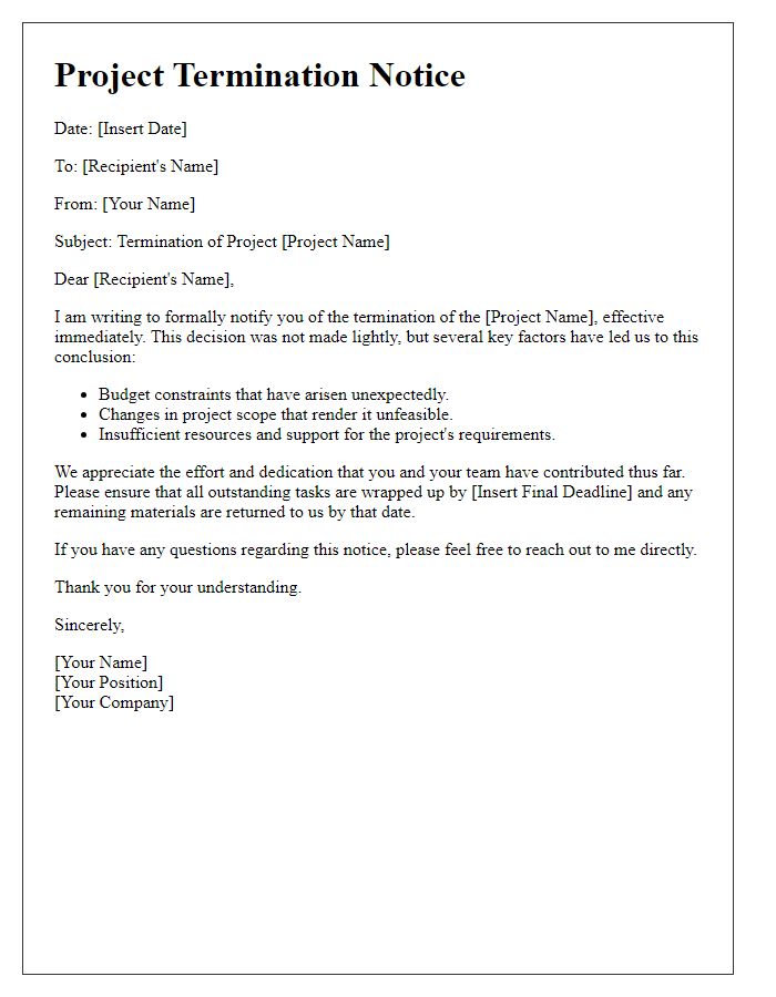 Letter template of project termination notice with reasons specified.