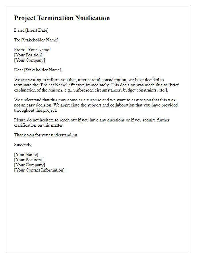 Letter template of project termination notification to stakeholders.