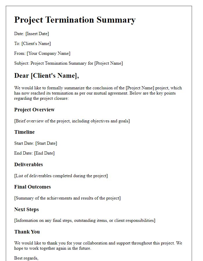 Letter template of project termination summary for clients.