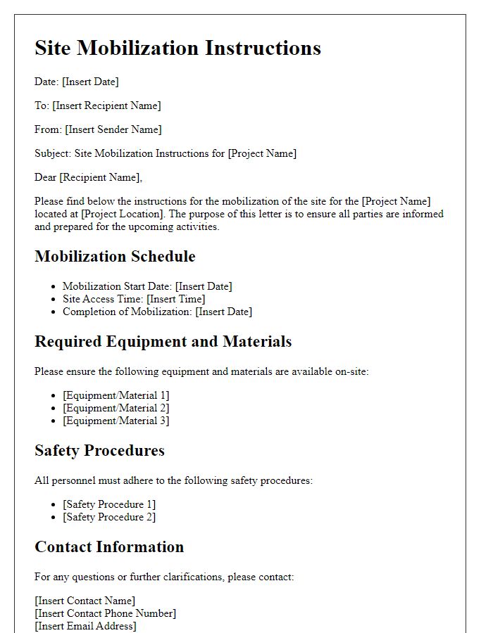 Letter template of site mobilization instructions