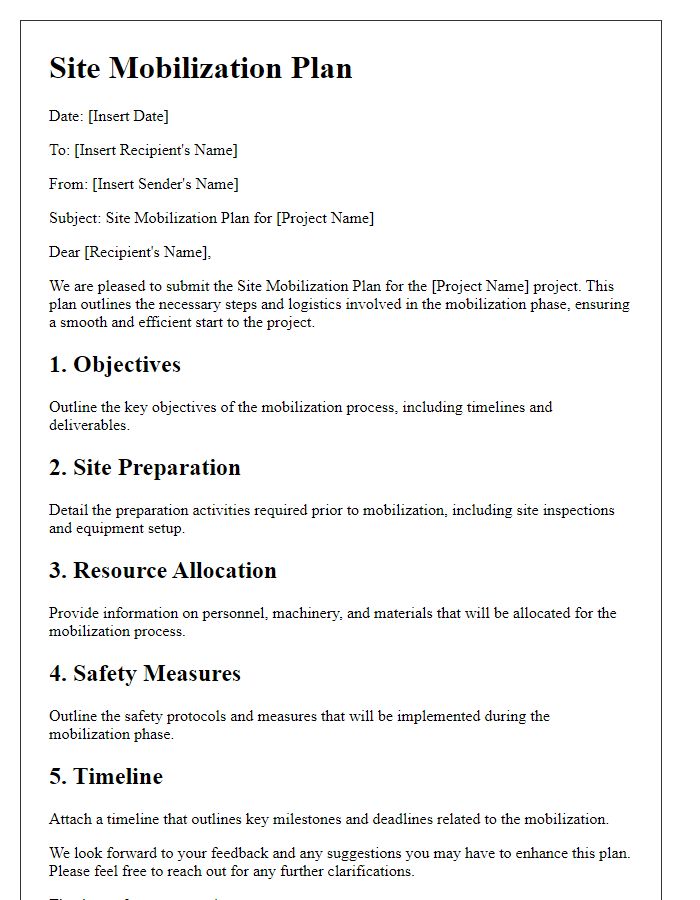 Letter template of site mobilization plan