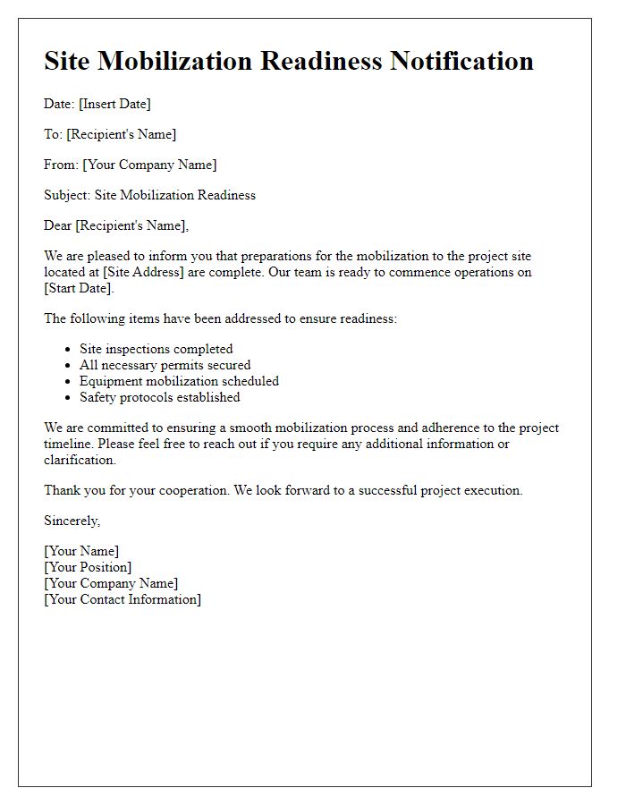 Letter template of site mobilization readiness