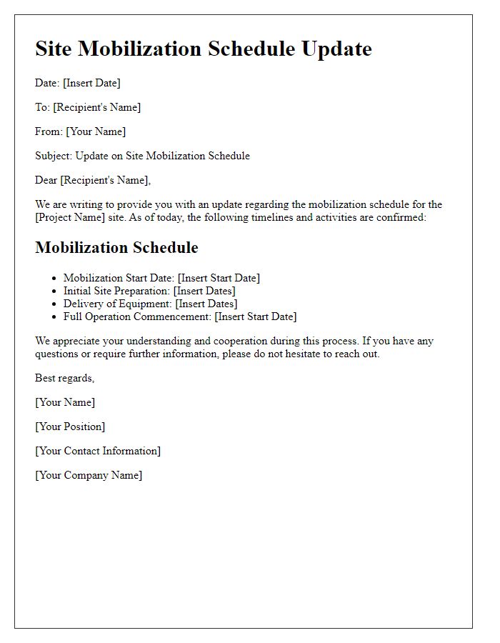 Letter template of site mobilization schedule update