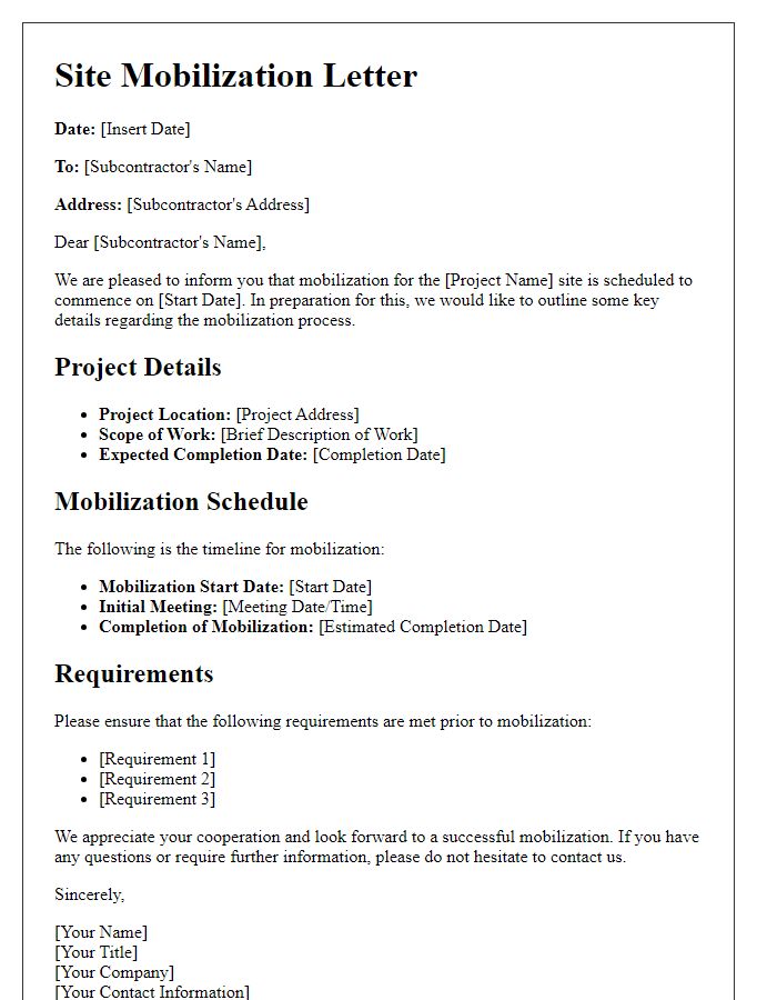 Letter template of site mobilization for subcontractors