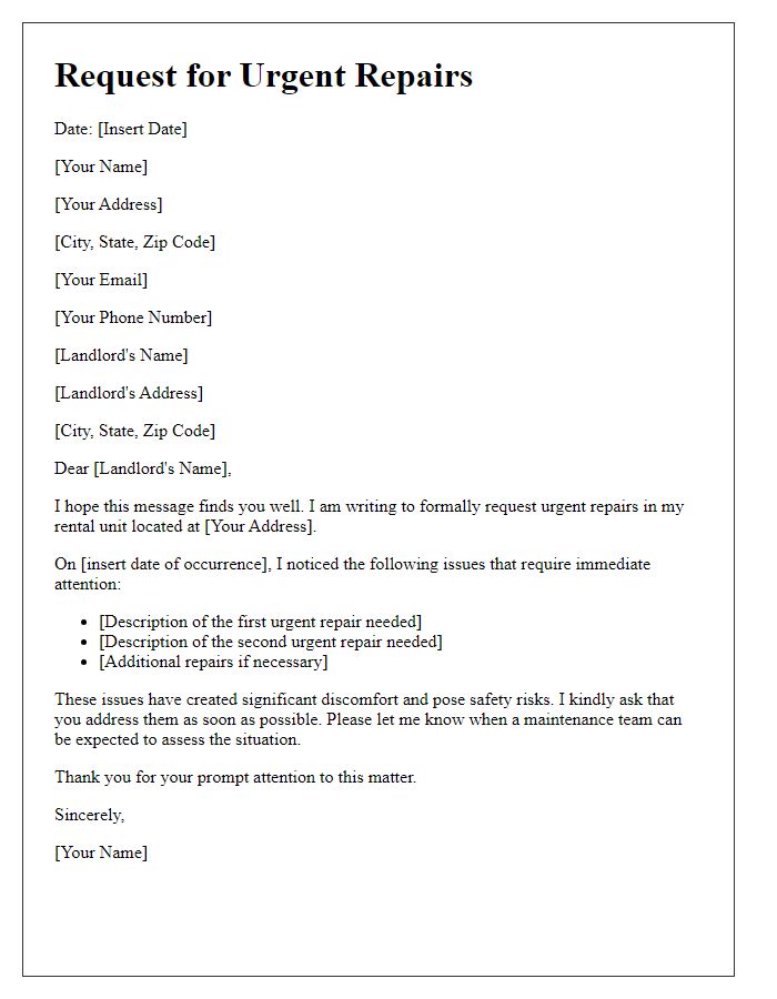 Letter template of renter's request for urgent repairs.