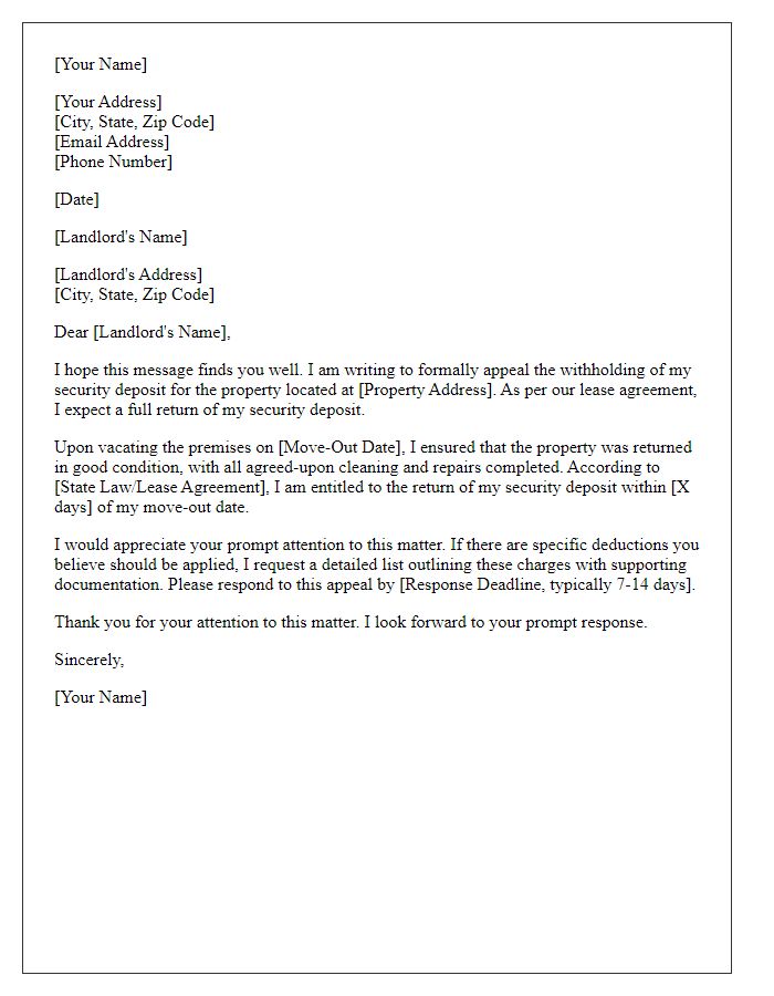 Letter template of tenant appeal for security deposit return.