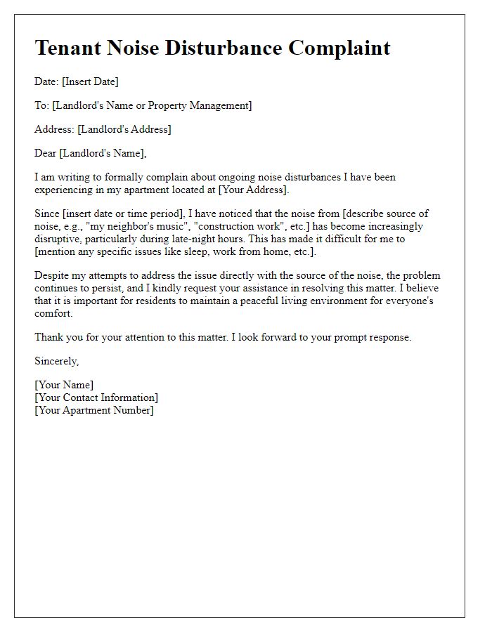 Letter template of tenant complaint about noise disturbances.