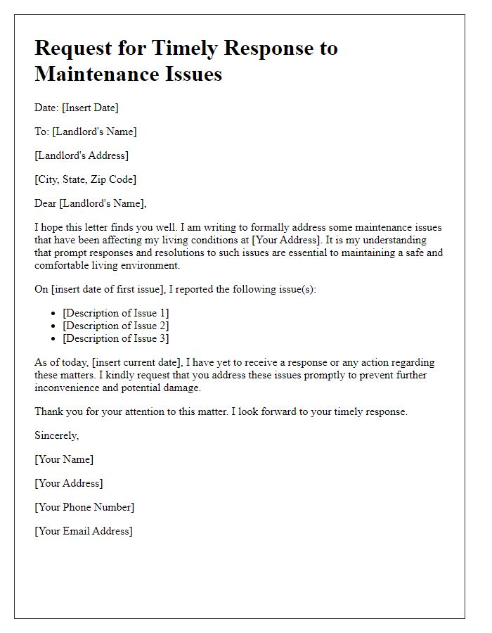 Letter template of tenant demand for timely responses to issues.