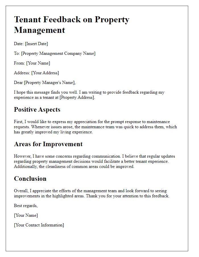 Letter template of tenant feedback on property management.