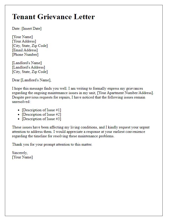 Letter template of tenant grievance regarding maintenance issues.